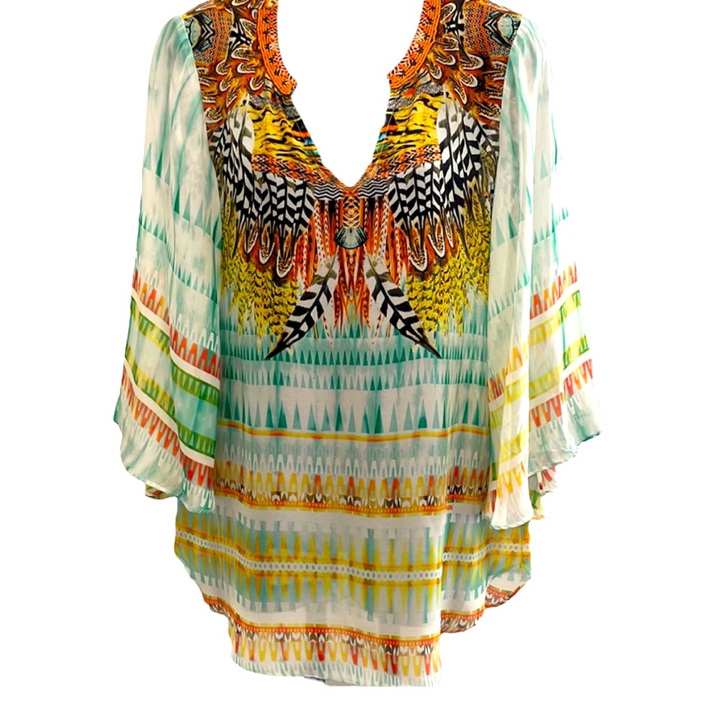 HALE BOB orange, white, green, brown beaded v-neck tunic, Small, EUC